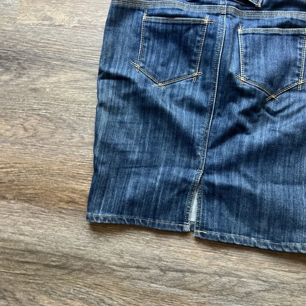 Vintage Baccini Stretch Denim Knee Length Skirt Sz 6 Dark Wash Back Buckle - Picture 8 of 11